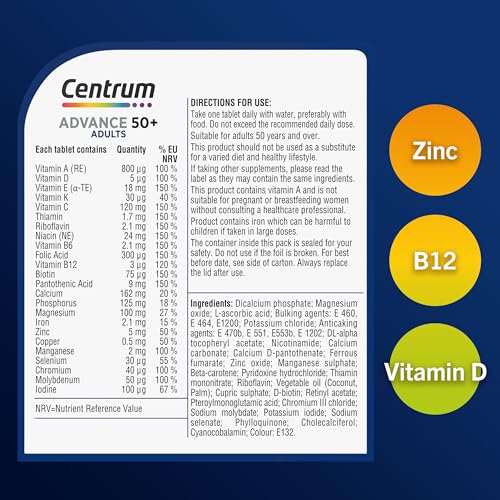 Centrum Advance 50+ Multivitamin Tablets for Men and Women, 180 Tablets Vitamins with 24 Essential Nutrients with Vitamin C, D and Zinc(Packaging and Tablet colour may vary slightly)
