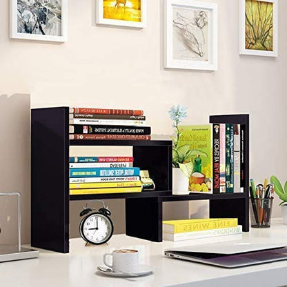 - Hossejoy Wood Adjustable Bookshelf Bookcase | Expandable Desktop Storage Organizer -