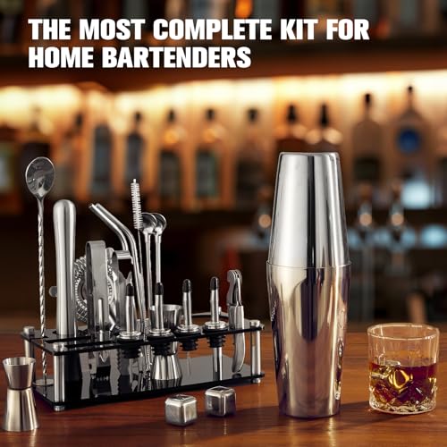 Cocktail Shaker Set, 23-Piece Boston Stainless Steel Bartender Kit with Acrylic Stand & Cocktail Recipes Booklet, Professional Bar Tools for Drink Mixing, Home, Bar, Party (Include 4 Whiskey Stones)