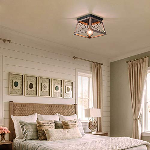 - Ganeed Industrial Flush Mount Ceiling Light | Farmhouse Rustic Close to Ceiling Light Mini Ceiling Lamp Fixture | Square Metal Cage -