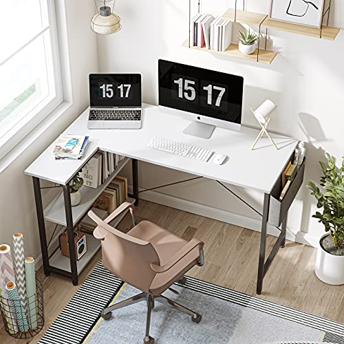 CubiCubi 100 cm Small L Shaped Computer Desk with Storage Shelves Home Office Corner Desk Study Writing Table, White