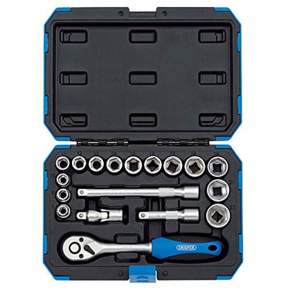 - Draper 18 Piece Metric Socket Set with Ratchet Tool & Case | 3/8" Square Drive -