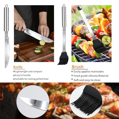 11Pcs BBQ Accessories, Professional Stainless Steel BBQ Grill Tool Set, Portable Barbecue Utensil Set with Case, Birthday BBQ Gift for Men Backyard Outdoor Camping Barbecue Cooking Picnics