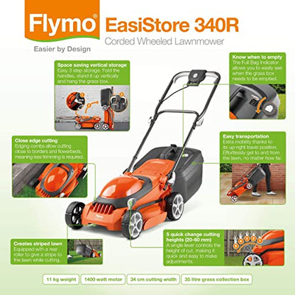 - Flymo EasiStore 340R Electric Rotary Lawn Mower | 34 cm Cutting Width | 35 Litre Grass Box | Close Edge Cutting | Rear Roller | Central Height Adjust -