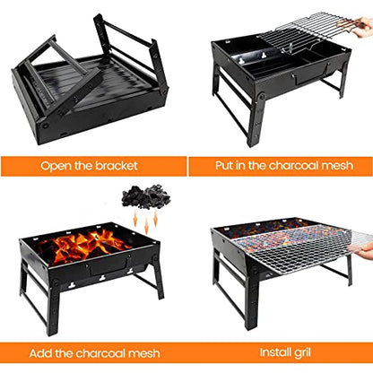 BBQ Barbecue Grill, Portable Folding Charcoal Barbecue Desk Tabletop Outdoor Stainless Steel Smoker BBQ for Picnic Garden Terrace Camping Travel 15.35''x11.41''x2.95'' (Black)