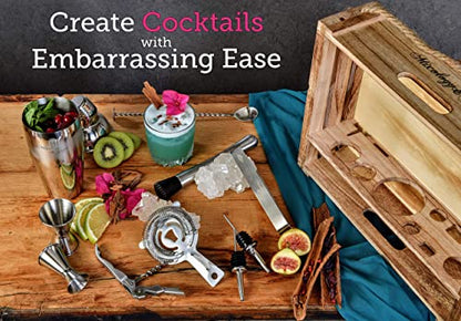 - Mixology & Craft Cocktail Shaker Set | 11-Piece Cocktail Making Set w/Shaker & Rustic Wooden Stand -