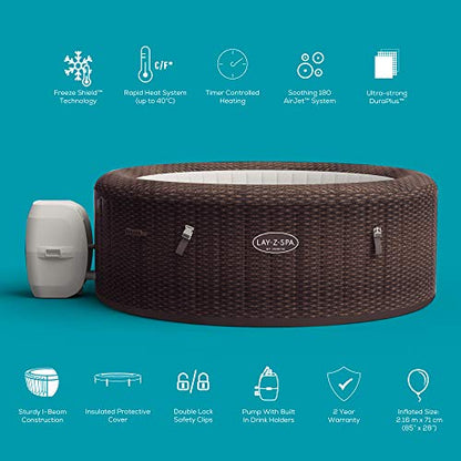 - Lay-Z-Spa St Moritz Hot Tub | 180 AirJet Massage System | Rattan Design | Inflatable Spa with Freeze Shield | 5-7 Person -