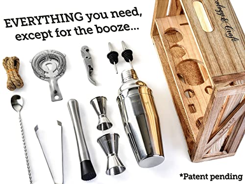 - Mixology & Craft Cocktail Shaker Set | 11-Piece Cocktail Making Set w/Shaker & Rustic Wooden Stand -