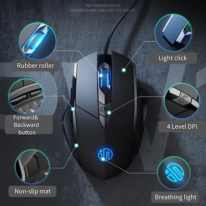 - Wired Mouse, USB wired mouse with 6 Button Silent Click