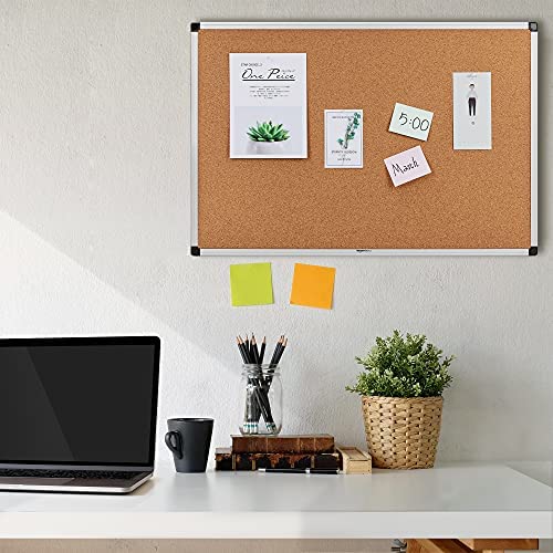 Amazon Basics Aluminum Frame Cork Notice Rectangular Board, 90cm x 60cm, Silver