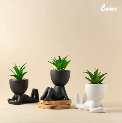 - LUNIER Seated Succulent Set (Set of 3) | Ceramic Human-Shaped Plant Pots With Artificial Succulent Plants –
