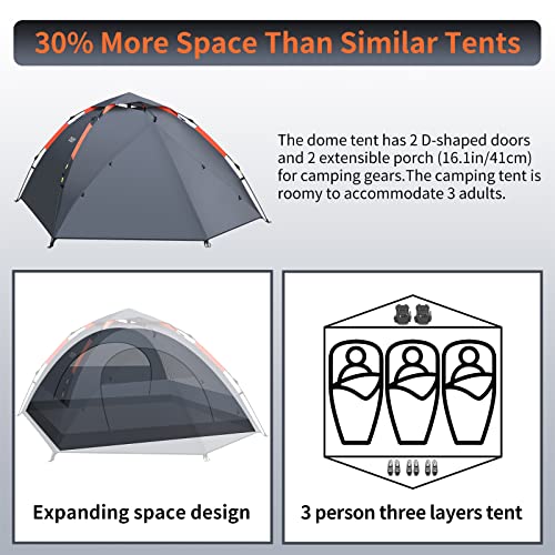 Cflity Camping Tent, 3 Man Instant Pop Up Tent Waterproof Three Layer Automatic Dome Tent, Large Lightweight 4 Seasons Tent, Backpacking Tent with Removable Rain-Fly 2 Extensible Porch for Camping