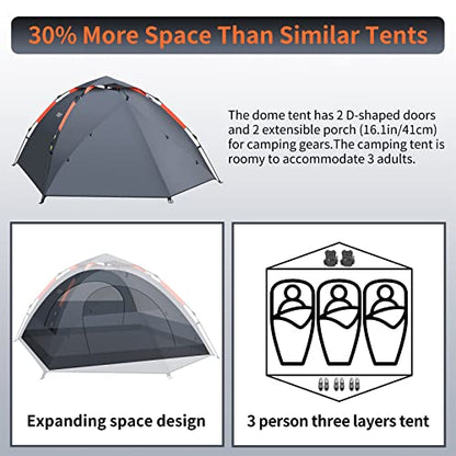 Cflity Camping Tent, 3 Man Instant Pop Up Tent Waterproof Three Layer Automatic Dome Tent, Large Lightweight 4 Seasons Tent, Backpacking Tent with Removable Rain-Fly 2 Extensible Porch for Camping