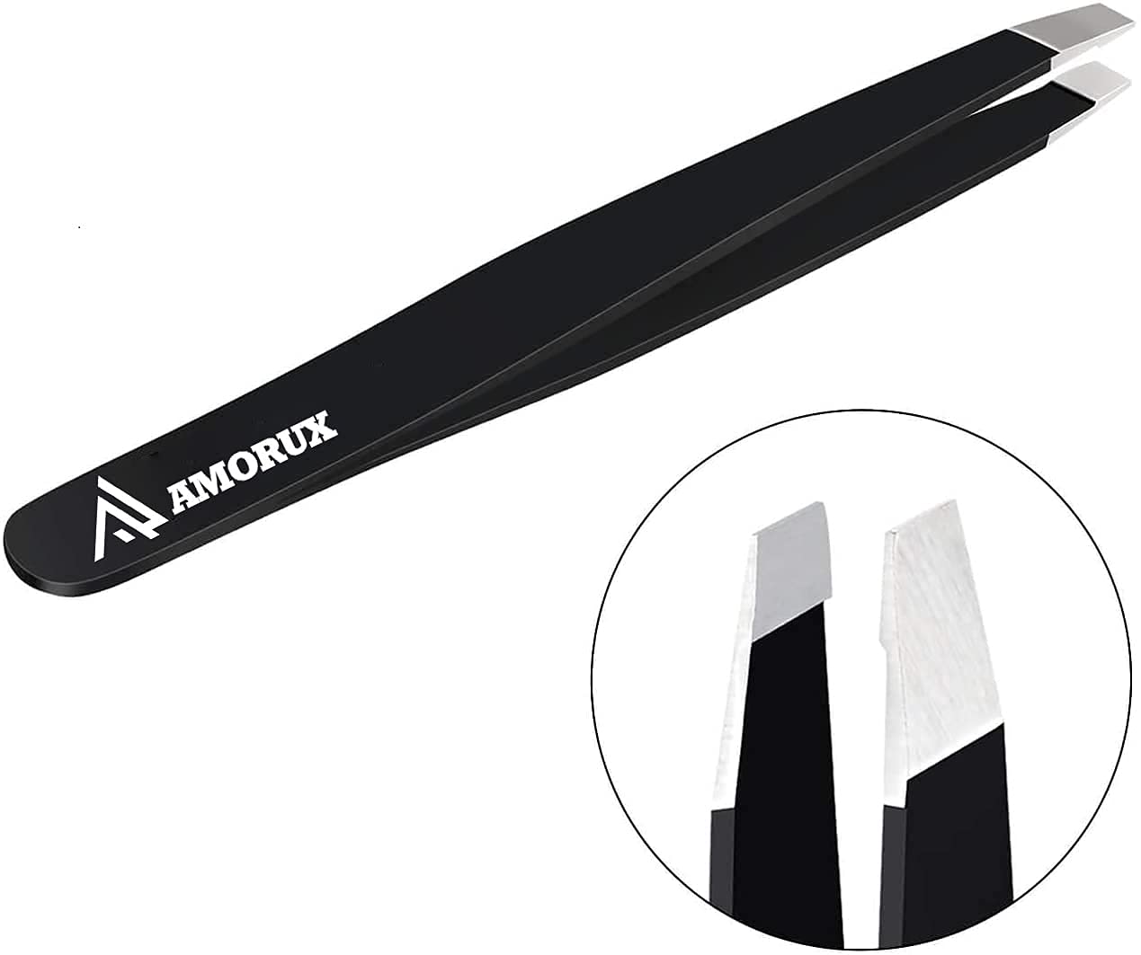 Amorux Tweezers for facial hair women & men Professional Stainless Steel black color coated precision tweezers Slanted & Pointed Tip eyebrow tweezers for Ingrown Hair tweezers