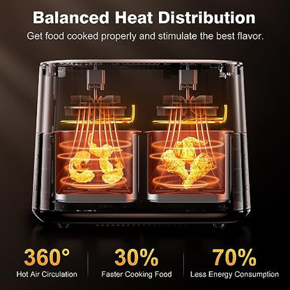 9L Dual Air Fryer with Visual Window, XL Capacity, 2 Drawers, 9-In-1 Cooking Presets, Touch Screen, Smart Finish, Timer Function, Dishwasher-Safe, Healthy Oil Free & Low Fat Cooking