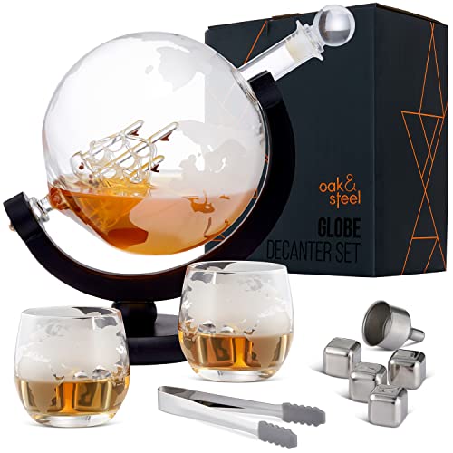 - Oak & Steel | 1500ml World Globe Whiskey Decanter Set -