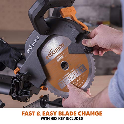 - Evolution Power Tools R210SMS+ Sliding Mitre Saw With Multi-Material Cutting | 45° Bevel | 50° Mitre | 230mm Slide | 1500 W | 230 V -