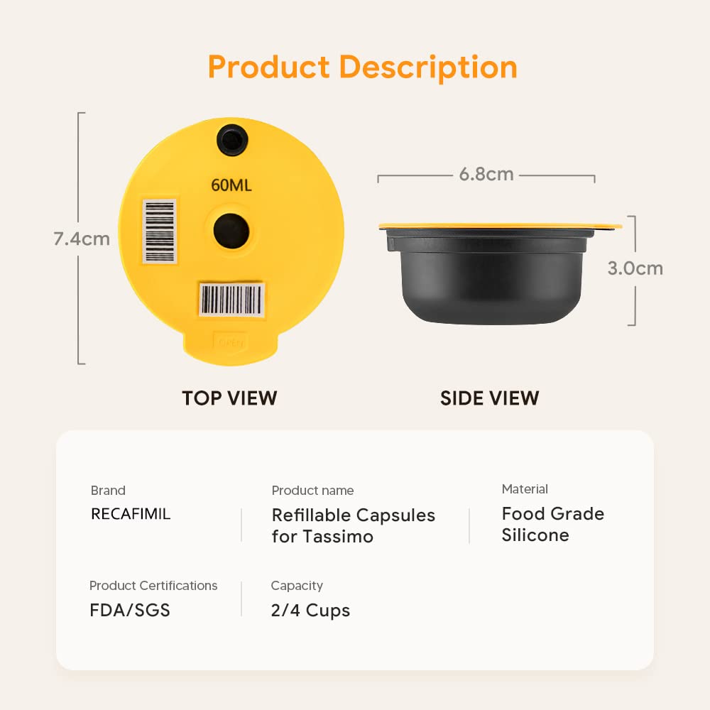 - RECAFIMIL 2 Pcs Reusable Tassimo Pods | 180ml/ 60ml Refillable Coffee Pods -