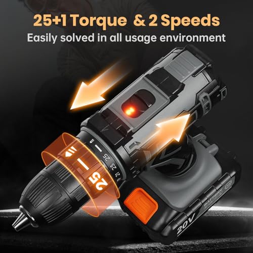 Acmaker Cordless Drill 20V, Battery Drill with 2 Batteries 2.0Ah, 42Nm Power Electric Drills Cordless, 25+1 Torque, 89 PCS Cordless Drill and Screwdriver Set, 2 Speed LED Light Combi Drill for DIY