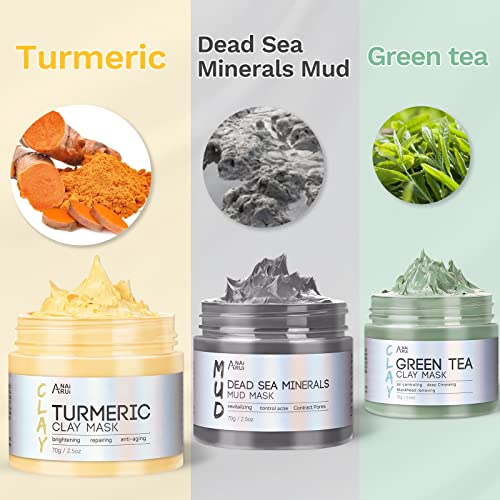 ANAiRUi Turmeric Clay Mask - Green Tea Detox Clay Mask - Dead Sea Minerals Mud Mask, Spa Facial Mask Set for Deeply Cleansing, Detoxing, Reducing Acne, Pores and Blackheads, 210g