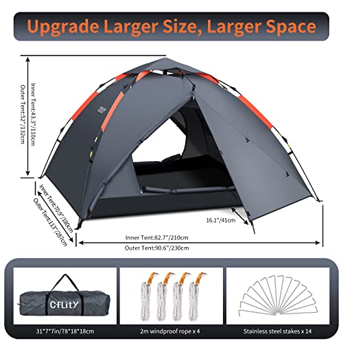 Cflity Camping Tent, 3 Man Instant Pop Up Tent Waterproof Three Layer Automatic Dome Tent, Large Lightweight 4 Seasons Tent, Backpacking Tent with Removable Rain-Fly 2 Extensible Porch for Camping