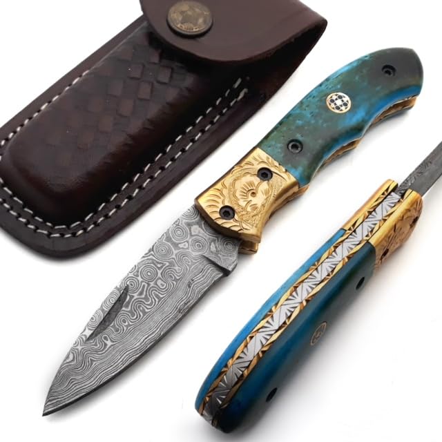 Dessi Handmade damascus steel blade folding knife. Blade length under 3 inches. Legal to carry.1644