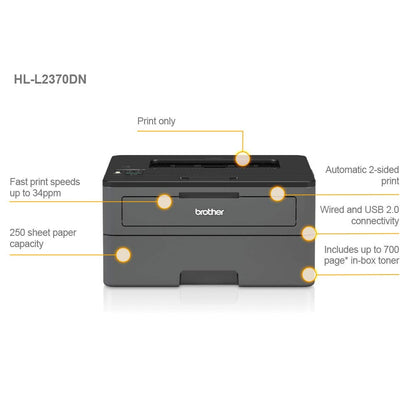 Brother HL-L2370DN Mono Laser Printer - Single Function, USB 2.0/Network, 2 Sided Printing, A4 Printer, Small Office/Home Office Printer, Dark Grey/Black