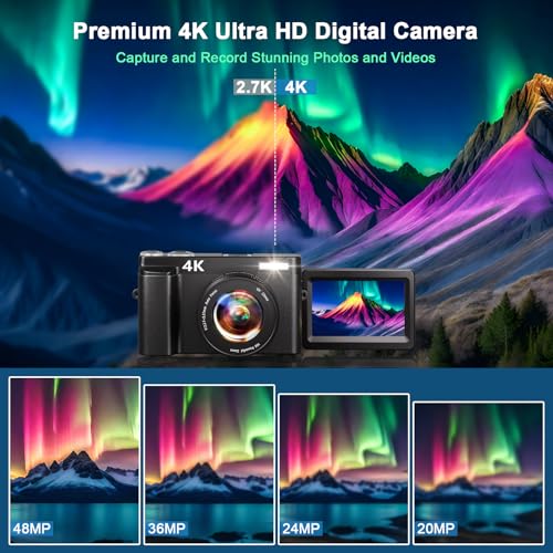 4K Digital Camera,48MP Autofocus Video Camera with 32G Card, 2.7'' 180°Flip Screen Vlogging Camera for Youtube 16X Digital Zoom with Flash, Rechargeable Compact Camera for Teens Beginners Adults
