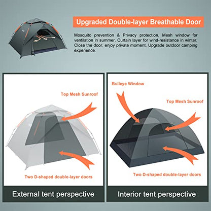 Amflip Camping Tent Automatic 3 Man Person Instant Tent Pop Up Ultralight Dome Tent 4 Seasons Waterproof & Windproof Camping Tent with Removable Outer Tarpaulin, Double Layers (army green)