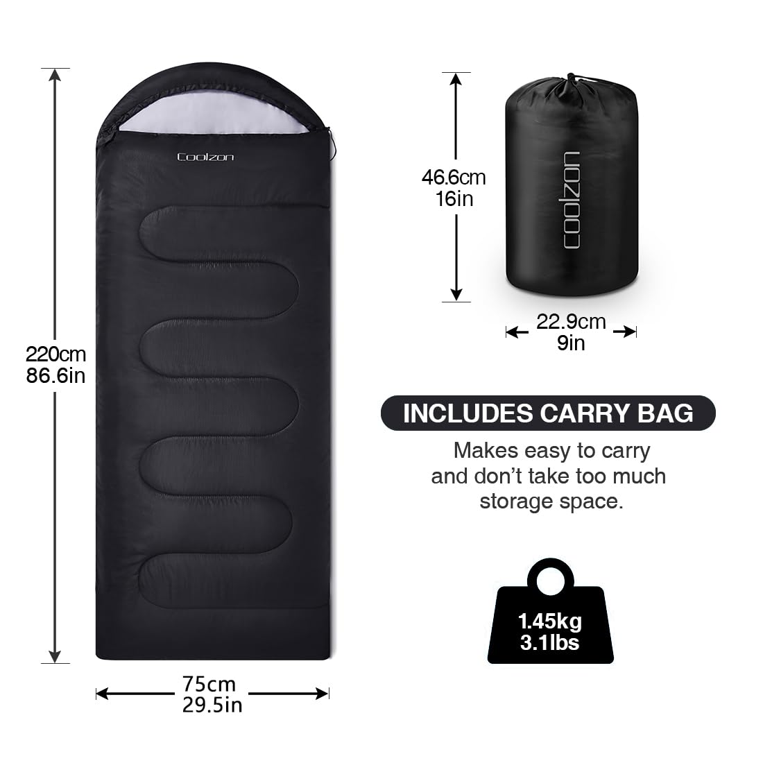 Coolzon Outdoor Sleeping Bag for Camping, for 3-4 Seasons, Adult Blanket, Small Packed Size, Ultralight Carry Bag, Soft, Thick and Warm, for Outdoor Camping, Travel, Hiking, Black