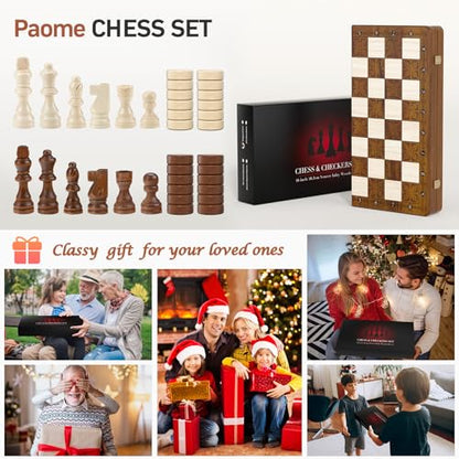 - Paome Chess set and Checkers 2 IN 1 | 16" Wooden Chess Board Game -