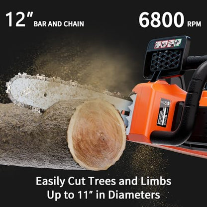 AIVOLT 12 Inch Electric Chainsaw, 40V Lightweight Cordless Chainsaw with Oiler System for Wood Cutting Tree Pruning Branches Trimming, Auto-Tension and Anti-Vibration (2Pcs Batteries)