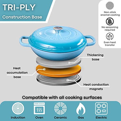 - Shallow Cast Iron Casserole with Lid | Non Stick Dutch Oven Pot | Oven Safe -