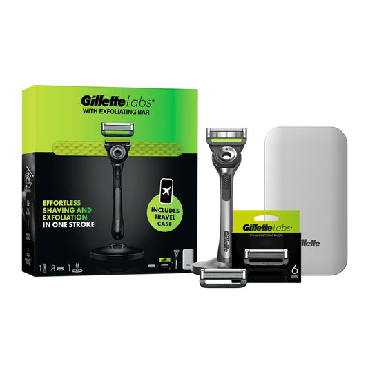 - Fusion Gillette Labs Men's Razor + 8 Razor Blade Refills | Exfoliating Bar, Includes Premium Magnetic Stand & Travel Case -
