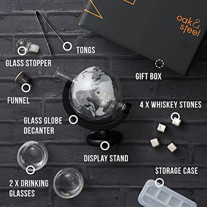- Oak & Steel | 1500ml World Globe Whiskey Decanter Set -