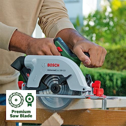 Bosch Cordless Circular Saw UniversalCirc 18V-53 (Precise Sawing in Wood; Max. Cutting Depth 53 mm; 18 Volt System; 1x 2.5Ah Battery and Charger)