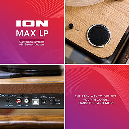 - ION Audio Max LP | Vinyl Record Player / Turntable with Built In Speakers | USB Output for Conversion and Three Playback Speeds | Natural Wood Finish -