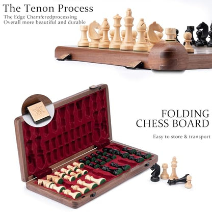 A&A 15 inch Wooden Folding Chess Set w/ 3 inch King Height Staunton Chess Pieces / 2 Extra Queens - Natural Walnut Wood