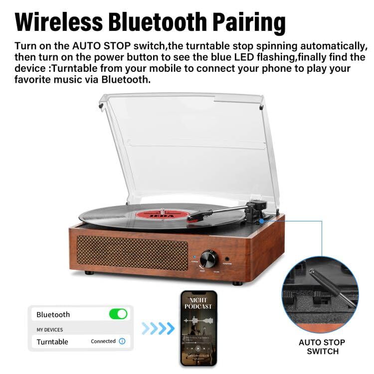 - Mersoco Bluetooth Record Player Belt-Driven 3-Speed Turntable -