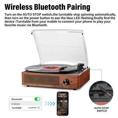 - Mersoco Bluetooth Record Player Belt-Driven 3-Speed Turntable -