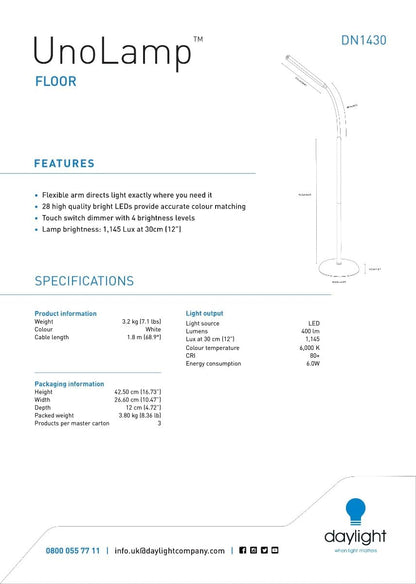 Daylight Company Unolamp Floor, Standing Lamp for Living Room, Bedroom, Salon, Office, Touch Control, Flexible Arm, Sleek Design, Multipurpose Use - White