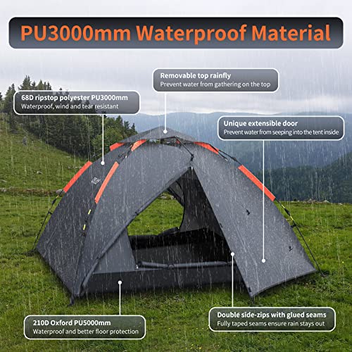Cflity Camping Tent, 3 Man Instant Pop Up Tent Waterproof Three Layer Automatic Dome Tent, Large Lightweight 4 Seasons Tent, Backpacking Tent with Removable Rain-Fly 2 Extensible Porch for Camping