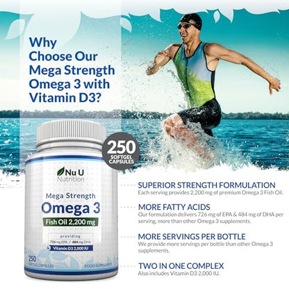 - Omega 3 | 250 Softgel Capsules | Sustainably Sourced - High Strength 1100mg Fish Oil per Capsule - Nu U Nutrition
