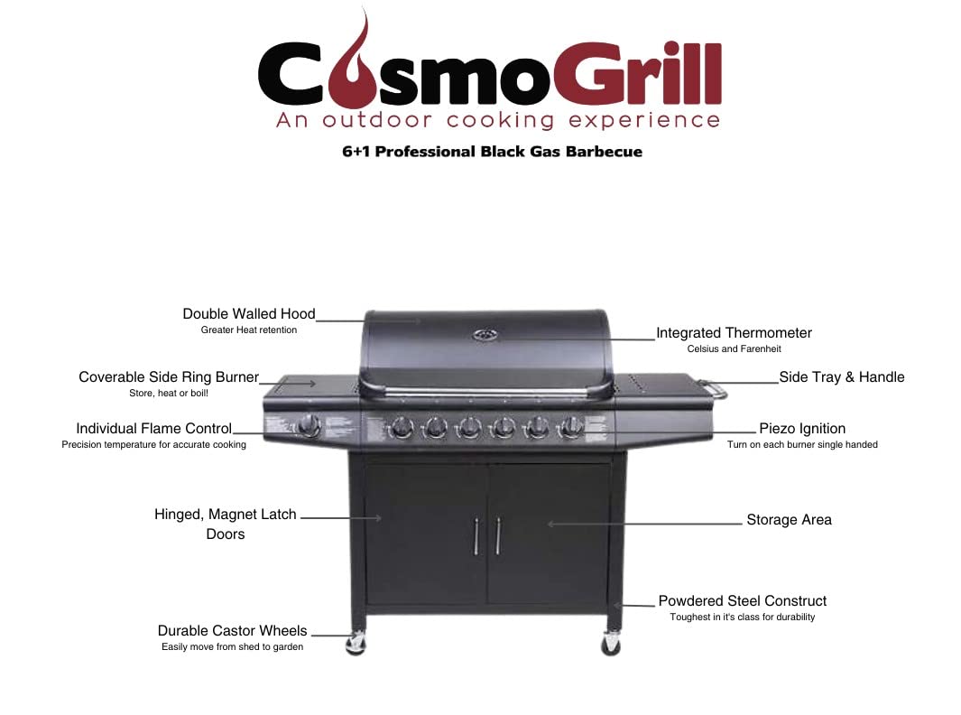 CosmoGrill Pro Deluxe 7 Gas Burner 6+1 Barbecue Grill, Stainless-Steel Warming Rack, Side-Burner, Built-in Temperature Gauge for Home Garden Party Outdoor Cooking (93416)