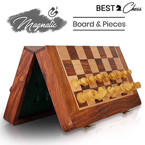 BCBESTCHESS Pocket Size, Travel Chess Set, Handcrafted Magnetic Wooden Folding Chess Board Set With Extra Queens & Storage For Chessmen (7 X7 Inches)