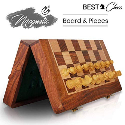 BCBESTCHESS Pocket Size, Travel Chess Set, Handcrafted Magnetic Wooden Folding Chess Board Set With Extra Queens & Storage For Chessmen (7 X7 Inches)