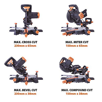 - Evolution Power Tools R210SMS+ Sliding Mitre Saw With Multi-Material Cutting | 45° Bevel | 50° Mitre | 230mm Slide | 1500 W | 230 V -