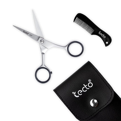 - Tecto 4.5" | Beard Moustache Scissors | Comb & Pouch | Stainless Steel Eyebrow Scissors -
