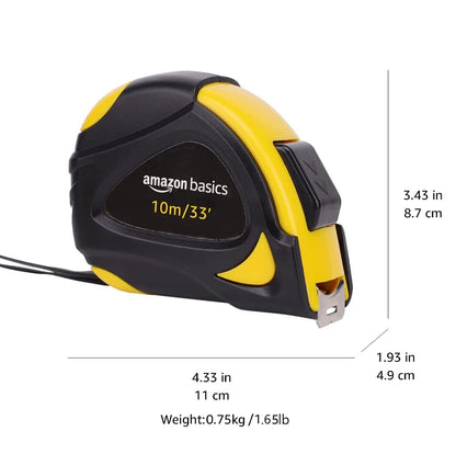 Amazon Basics Self-Locking Tape Measure - 33-Feet (10-Meters), Inch/Metric Scale, MID Accuracy