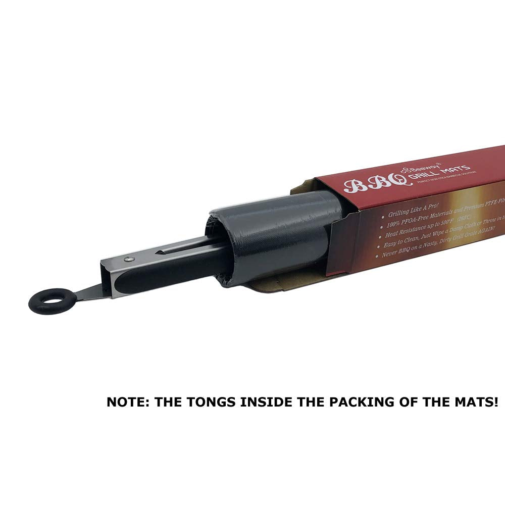 BEEWAY BBQ Mats, Universal Oven Liners for Bottom of Fan Assisted Ovens - Teflon, Reusable, Washable, Non Stick for Charcoal or Gas Grills - Bonus 12" Silicone Tongs (Pack of 5)